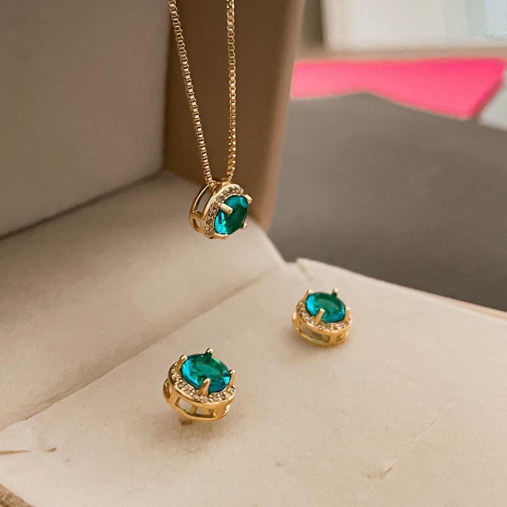 Conjunto Colar E Brincos Ponto De Luz Azul Banhado A Ouro 18k - 3