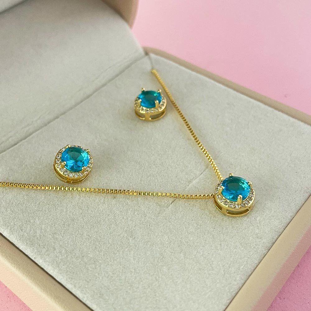Conjunto Colar E Brincos Ponto De Luz Azul Banhado A Ouro 18k - 7