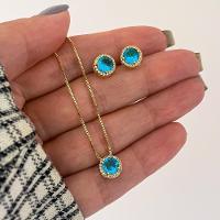 Conjunto Colar E Brincos Ponto De Luz Azul Banhado A Ouro 18k