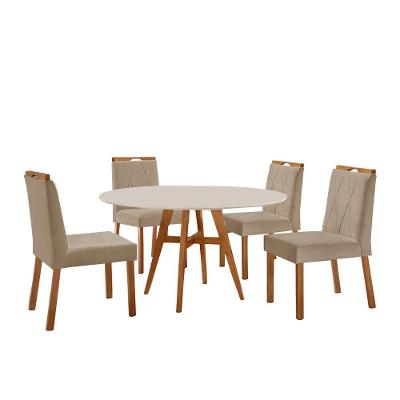 Conjunto de Jantar Atenas 4 Lugares Tampo de Vidro com Cadeiras Veludo Bege Off White 110cm