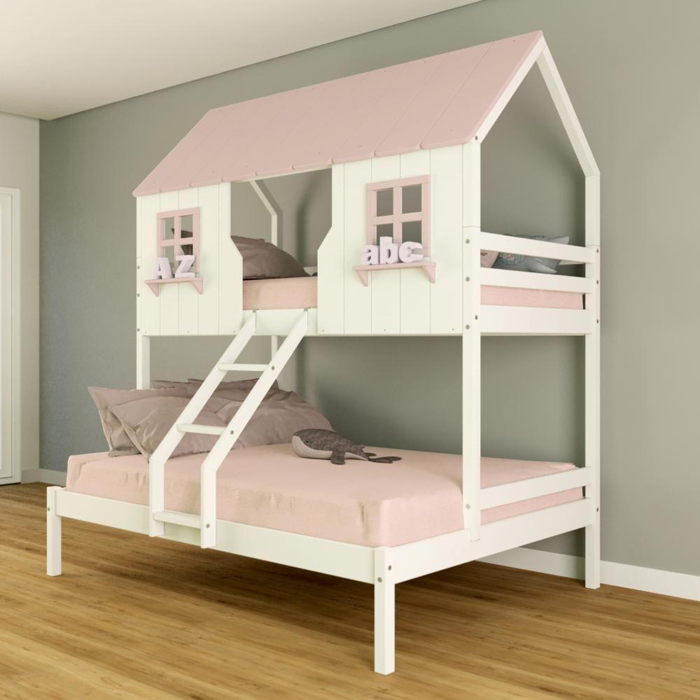 Beliche Casal/ Solteiro Casinha Encantada Madeira Maciça Branco/ Rosa Housin - 1