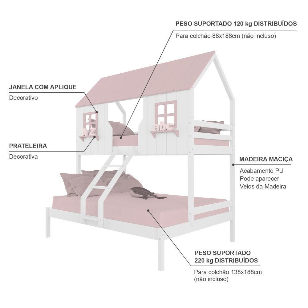 Beliche Casal/ Solteiro Casinha Encantada Madeira Maciça Branco/ Rosa Housin - 4