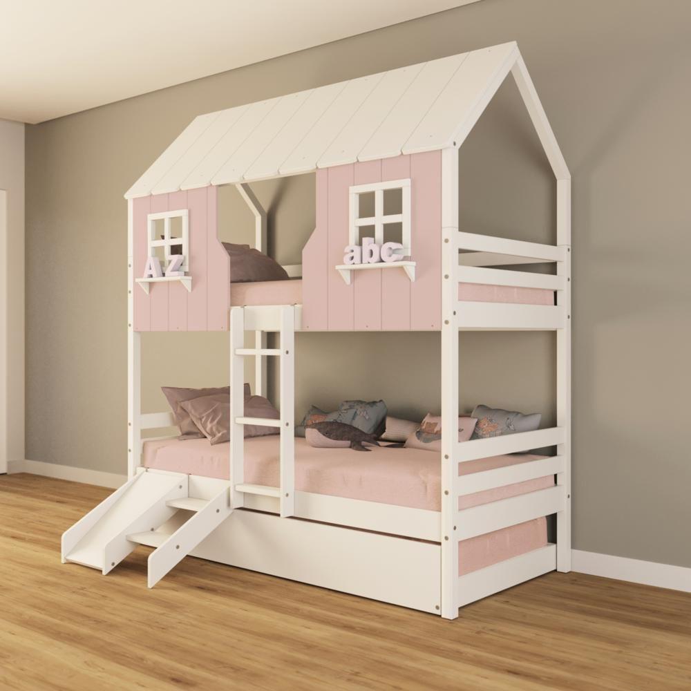 Treliche Casinha Encantada Com Kit Escada/ Escorregador Madeira Maciça Rosa/ Branco Housin - 1