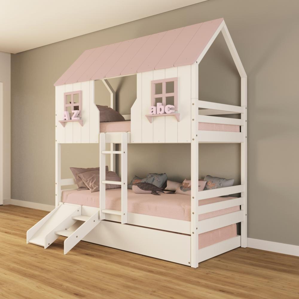 Treliche Casinha Encantada Com Kit Escada/ Escorregador Madeira Maciça Branco/ Rosa Housin - 1
