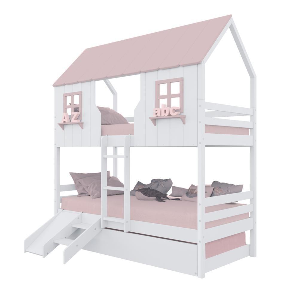 Treliche Casinha Encantada Com Kit Escada/ Escorregador Madeira Maciça Branco/ Rosa Housin - 2