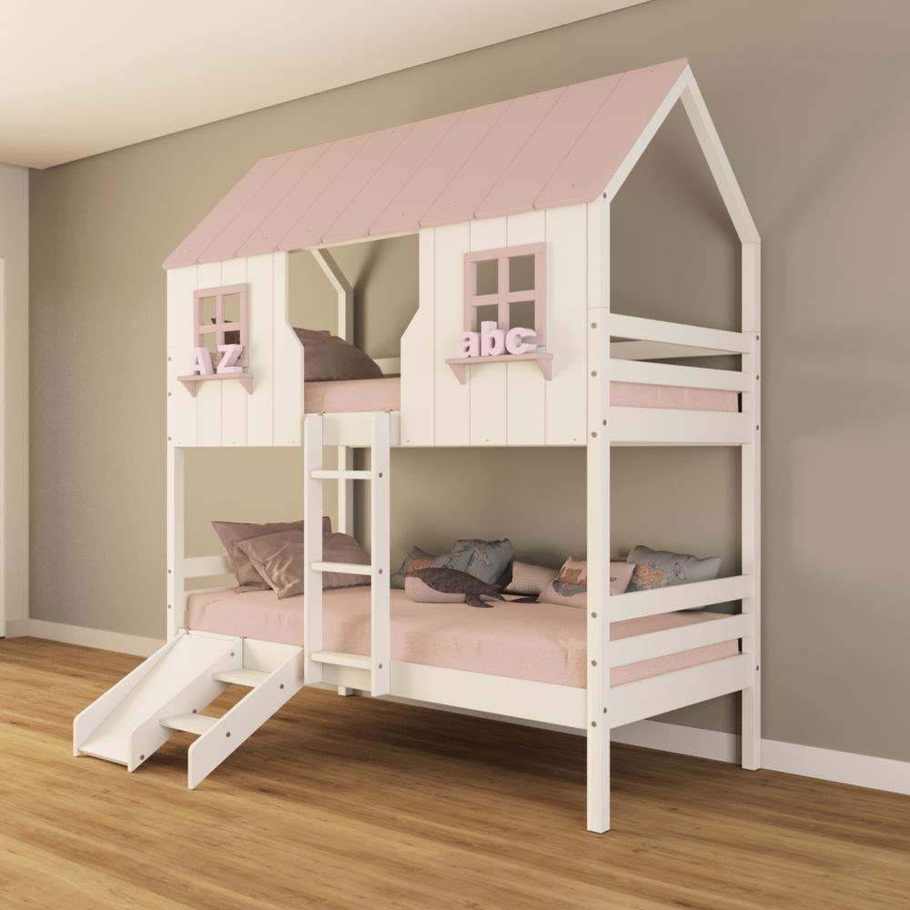 Beliche Casinha Encantada Com Kit Escada/ Escorregador Madeira Maciça Branco/ Rosa Housin - 1