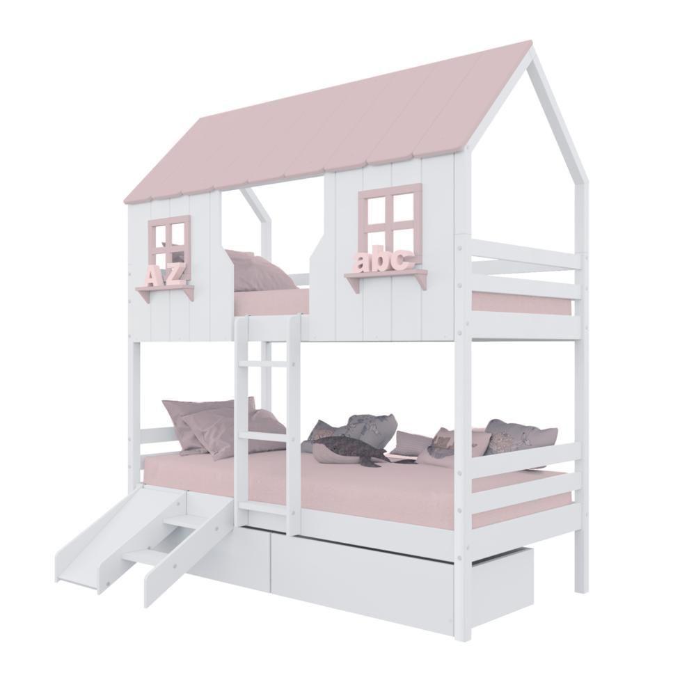 Beliche Casinha Encantada Com 02 Gavetas Kit Escada/ Escorregador Madeira Maciça Branco/ Rosa Housin - 2