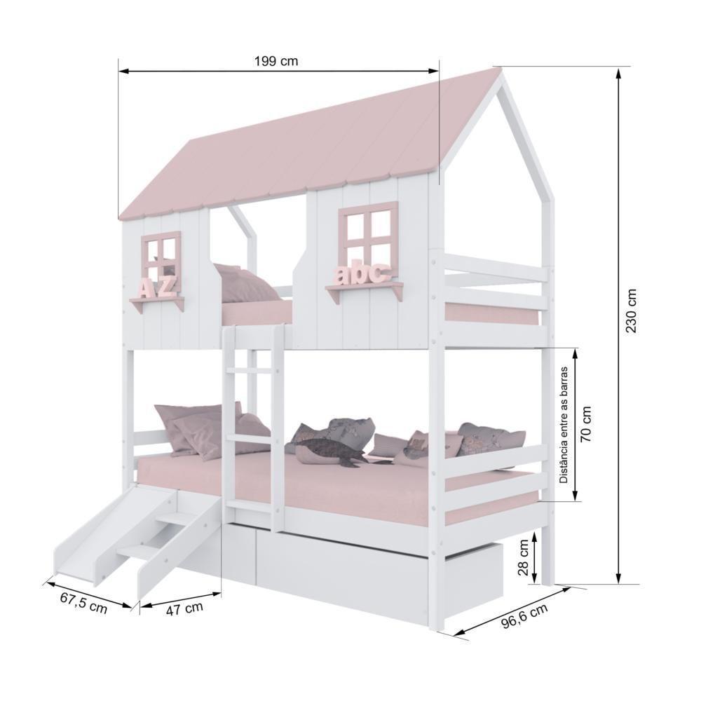 Beliche Casinha Encantada Com 02 Gavetas Kit Escada/ Escorregador Madeira Maciça Branco/ Rosa Housin - 3