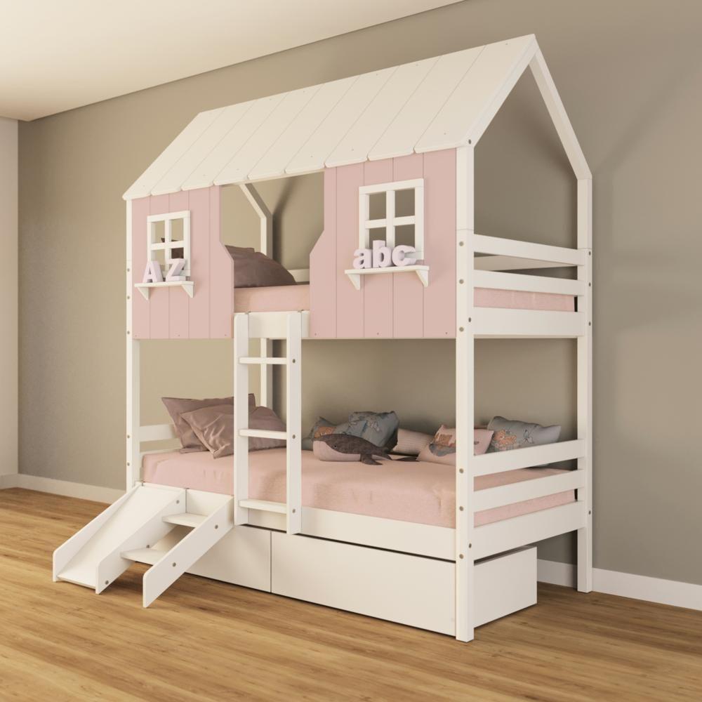 Beliche Casinha Encantada Com 02 Gavetas Kit Escada/ Escorregador Madeira Maciça Rosa/ Branco Housin - 1