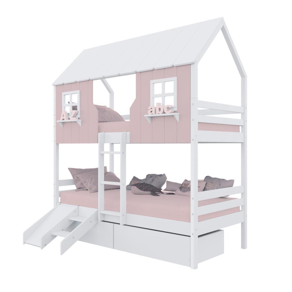 Beliche Casinha Encantada Com 02 Gavetas Kit Escada/ Escorregador Madeira Maciça Rosa/ Branco Housin - 2