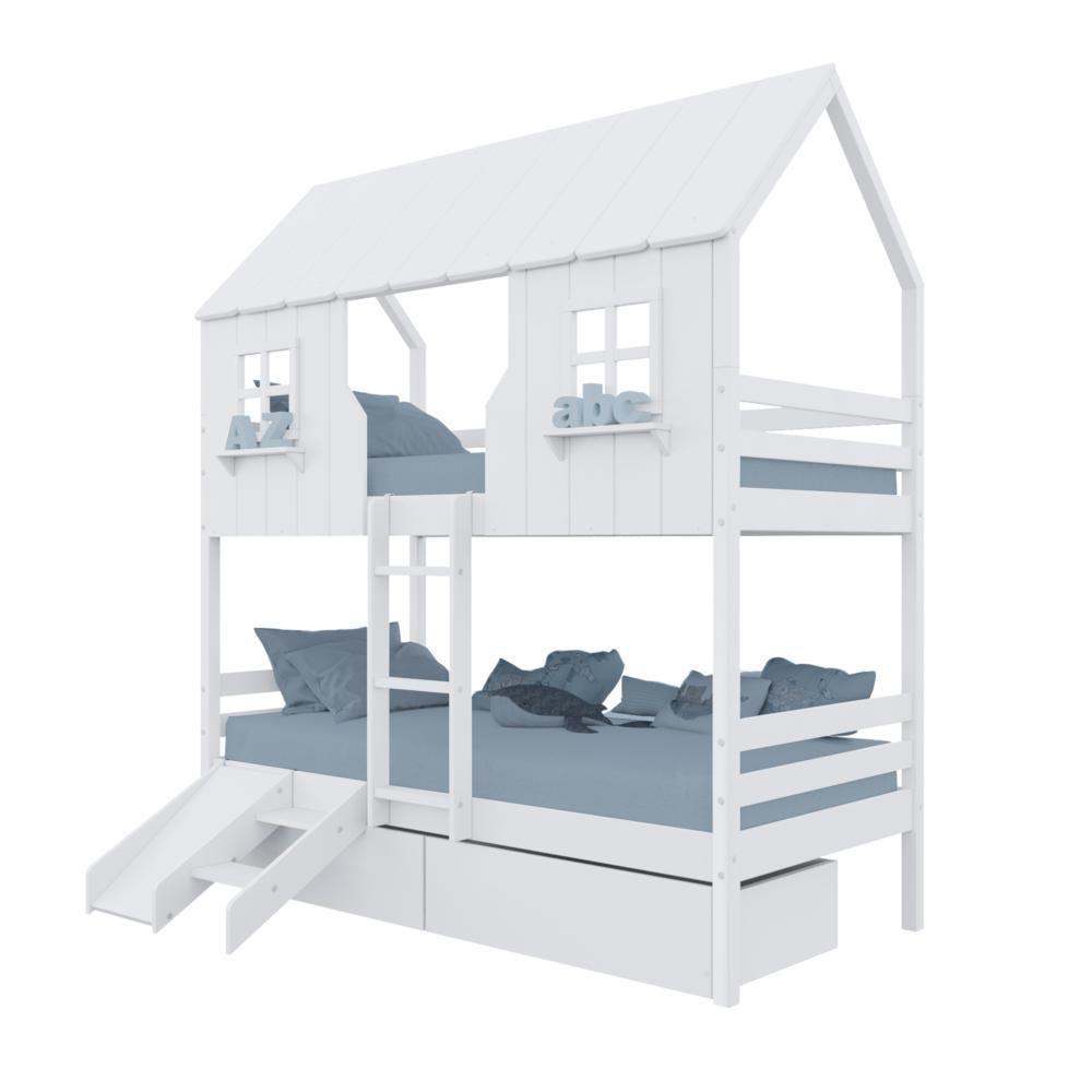 Beliche Casinha Encantada Com 02 Gavetas Kit Escada/ Escorregador Madeira Maciça Branco Housin - 2