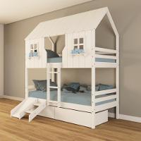 Beliche Casinha Encantada Com 02 Gavetas Kit Escada/ Escorregador Madeira Maciça Branco Housin - 1