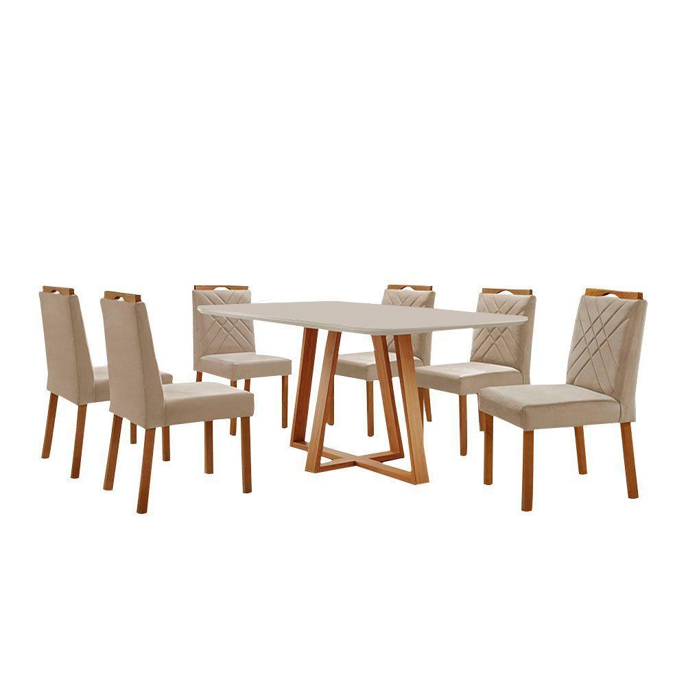 Conjunto Sala De Jantar Mesa Florença 160x90cm Off White Com 6 Cadeiras Dallas Veludo Bege - 1