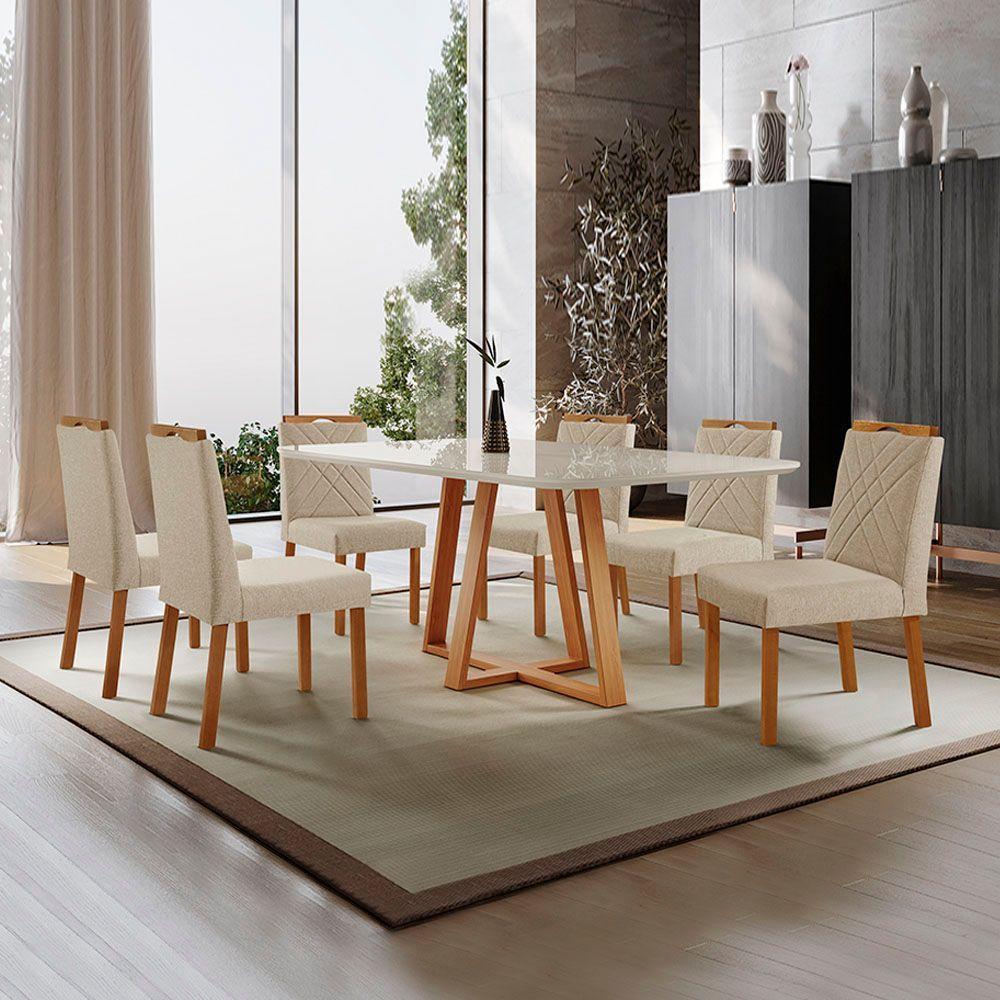 Conjunto Sala De Jantar Mesa Florença 180x90cm Off White Com 6 Cadeiras Dallas Linho Bege - 2