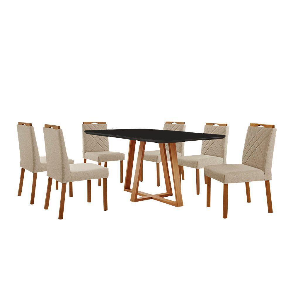 Conjunto Sala De Jantar Mesa Florença 160x90cm Preto Com 6 Cadeiras Dallas Linho Bege - 1