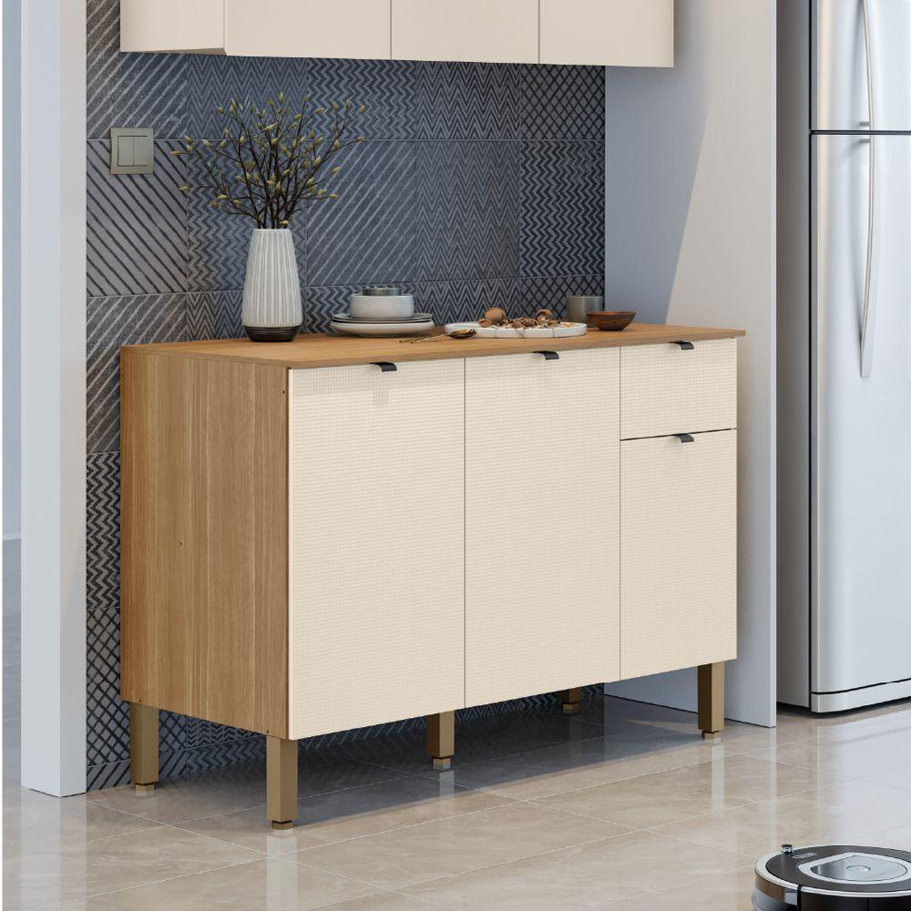 Balcão De Cozinha 3 Portas 1 Gaveta Com Tampo 1,20m Vert Plus Madeirado Off White Kit's Paraná Madeira Off - 6