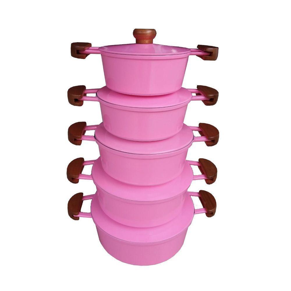 Jogo 5 Panelas Alumínio Batido Fundido Rosa Com Tampa Pesada - 1