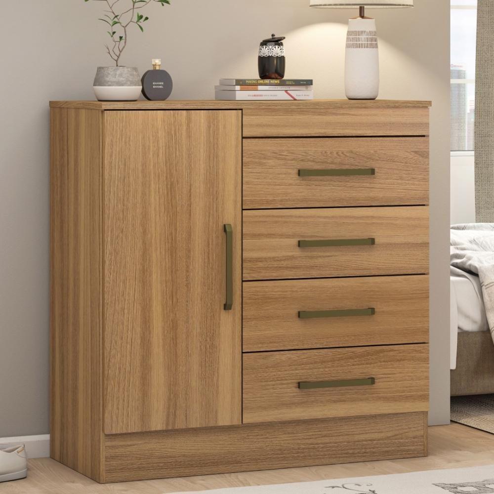 Cômoda 4 Gavetas 1 Porta Com Rodizios Chile Amêndola Touch - 1