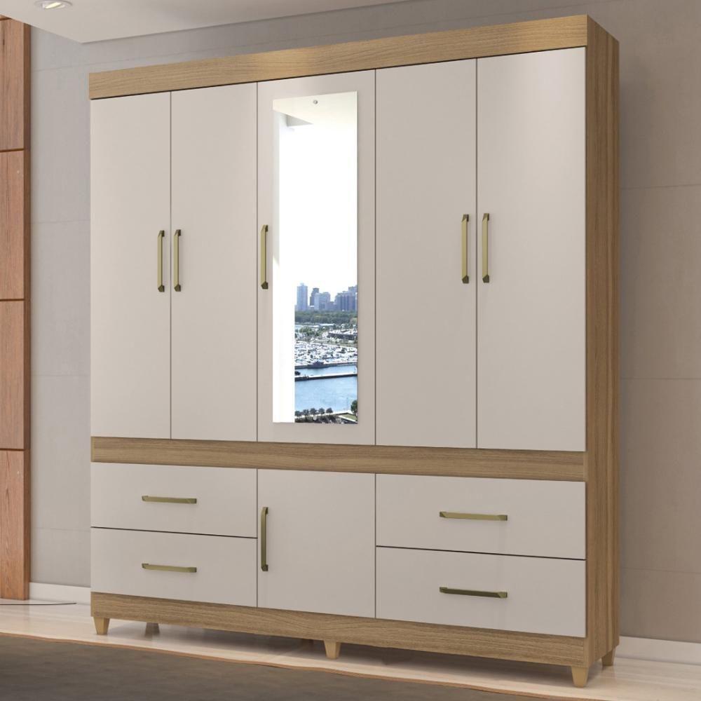 Guarda Roupa Casal 6 Portas Com Espelho E 4 Gavetas Ubatuba Amêndola Touch-off White - 1