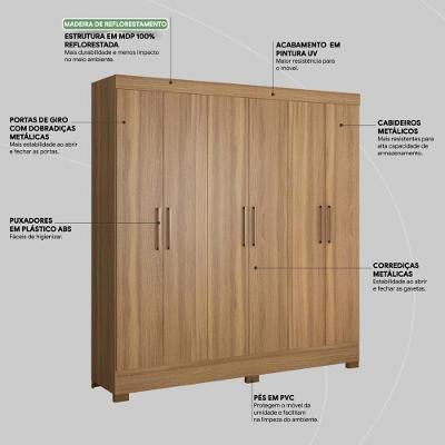 Guarda Roupa Casal York 6 Portas de Bater 3 Gavetas Amêndola Touch