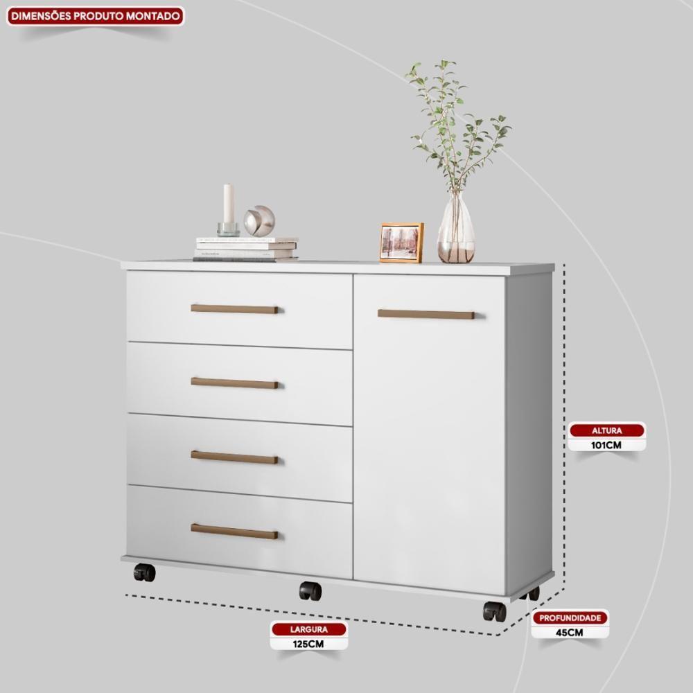 Cômoda 4 Gavetas 1 Porta Com Rodizios Flower - Branco Branco - 5