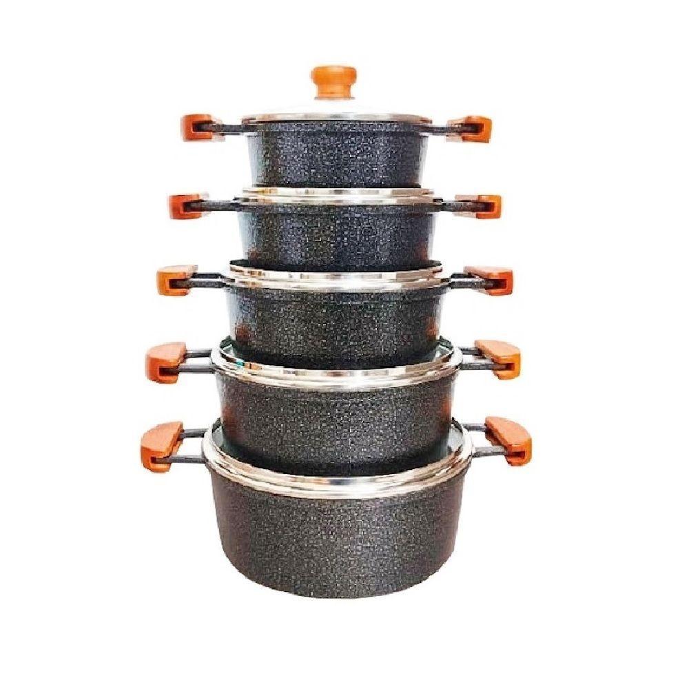 Jogo 5 Panelas Alumínio Batido Fundido Preta Craqueada Tampa De Vidro - 1