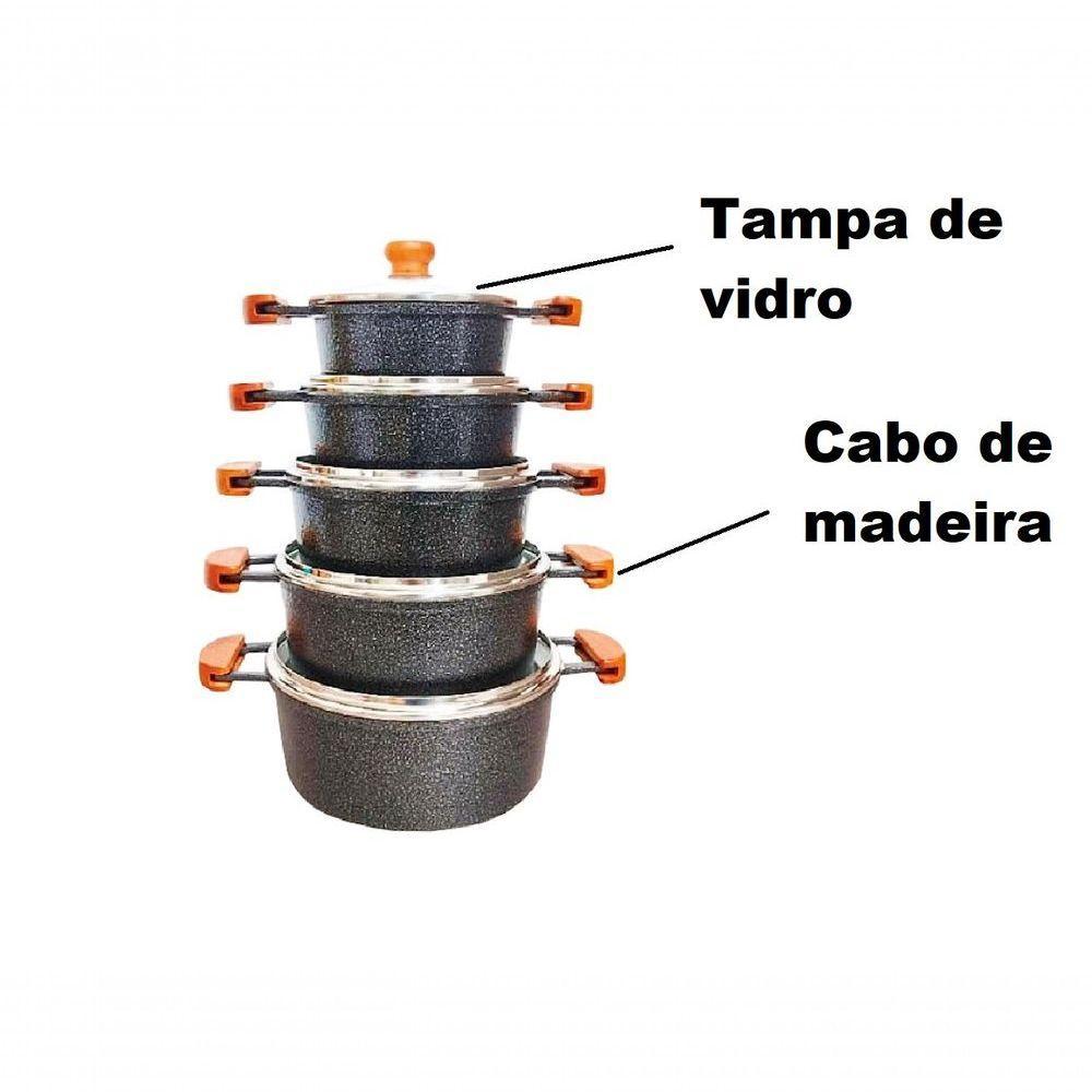 Jogo 5 Panelas Alumínio Batido Fundido Preta Craqueada Tampa De Vidro - 2