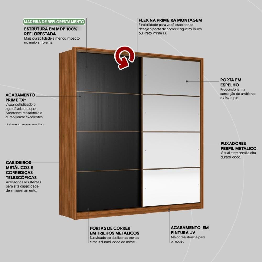Guarda Roupa Casal 2 Portas Com Espelho E 3 Gavetas Líbano Prime Tx Nogueira-preto - 5