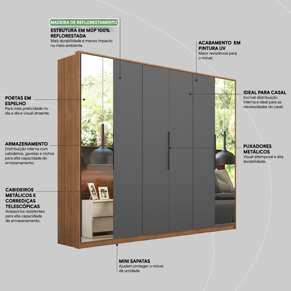 Guarda Roupa Casal 6 Portas Com Espelho E 6 Gavetas Equador Amêndola-grafito - 5