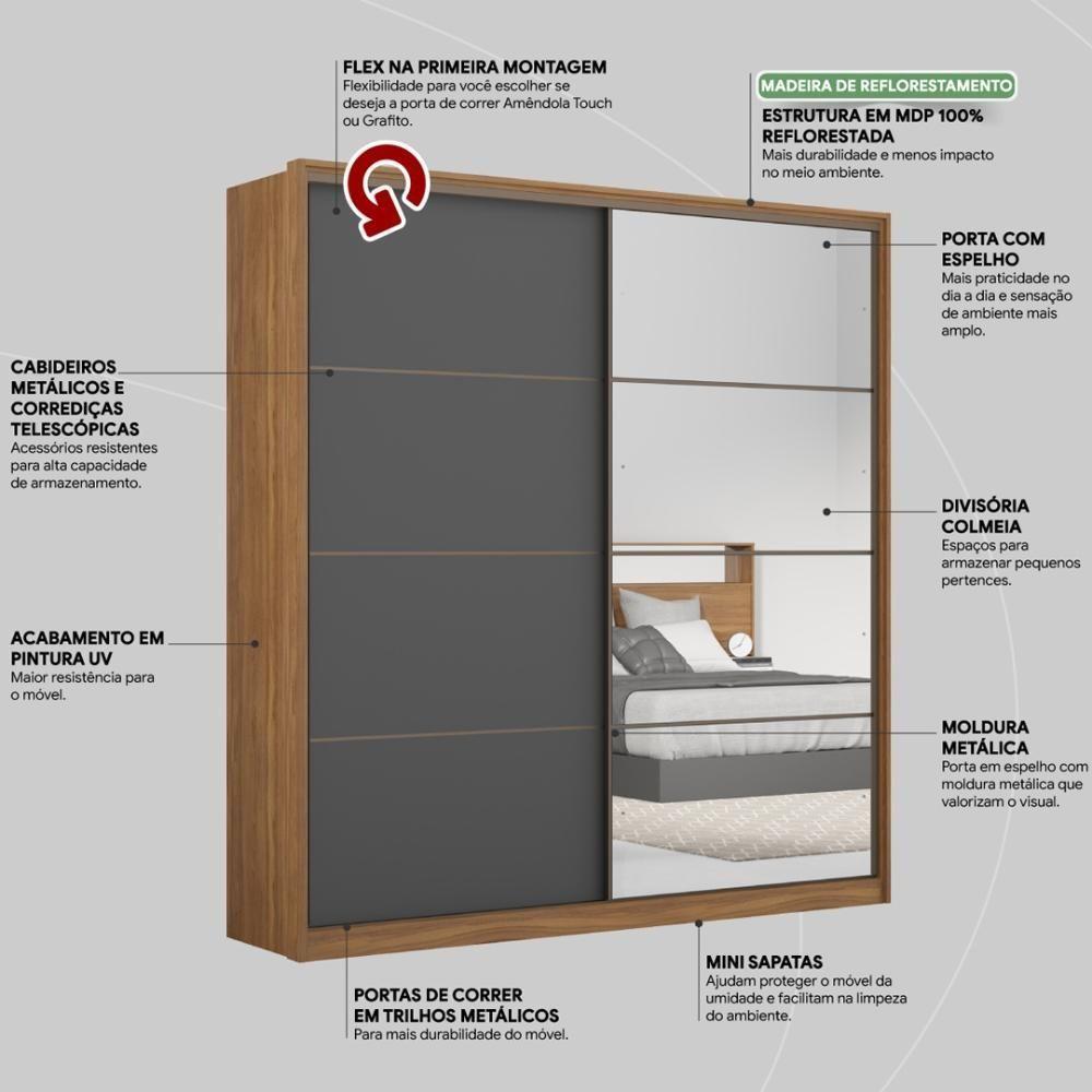 Guarda Roupa Casal 2 Portas Com Espelho E 3 Gavetas Líbano Amêndola-grafito - 5