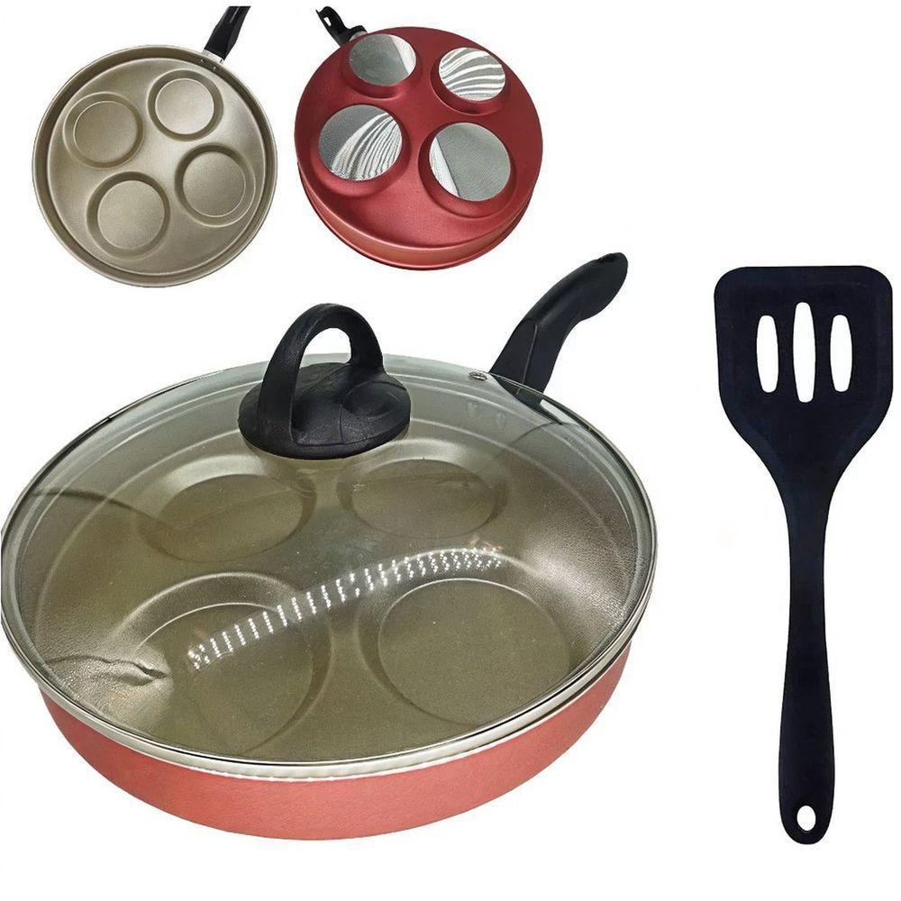 Frigideira 26 Cm 4 Ovos Hambúrguer Tampa De Vidro E Espátula Antiaderente - 1