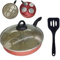 Frigideira 26 Cm 4 Ovos Hambúrguer Tampa De Vidro E Espátula Antiaderente - 1