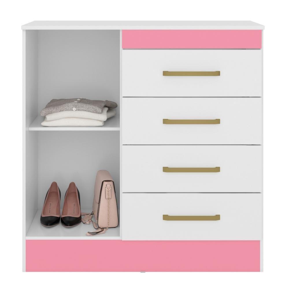 Cômoda 4 Gavetas 1 Porta Com Rodizios Chile Branco-rosa-branco - 6
