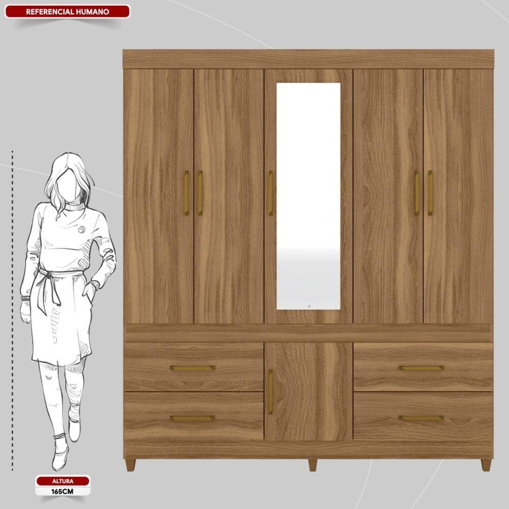 Guarda Roupa Casal 6 Portas Com Espelho E 4 Gavetas Ubatuba Amêndola Touch - 4