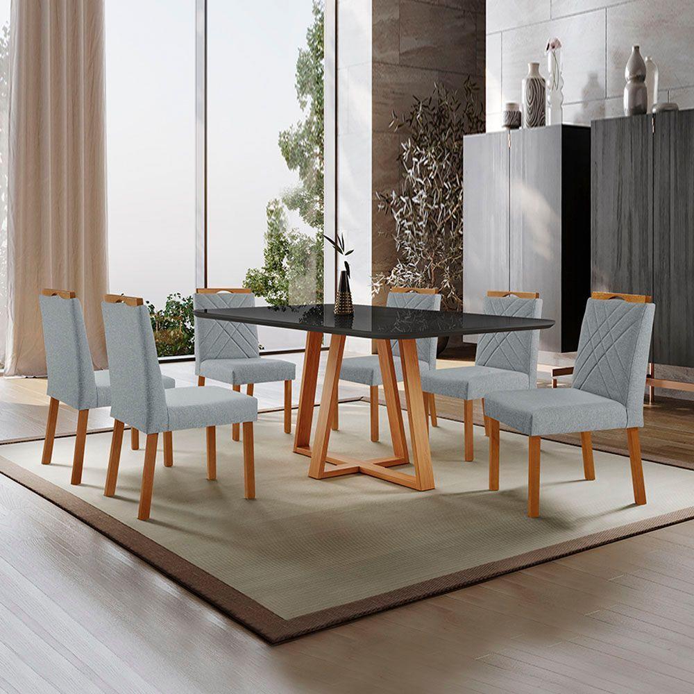 Conjunto Sala De Jantar Mesa Florença 180x90cm Preto Com 6 Cadeiras Dallas Linho Cinza - 2