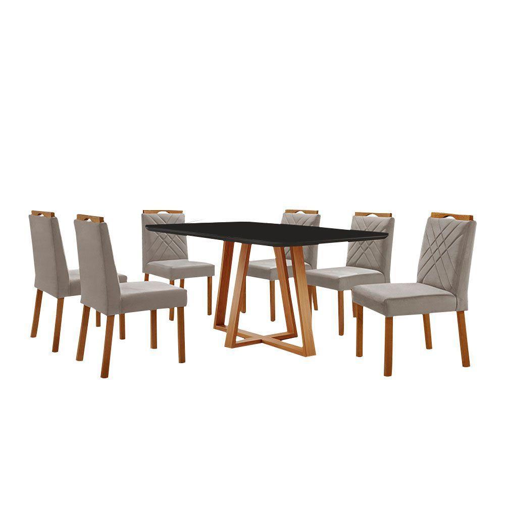 Conjunto Sala De Jantar Mesa Florença 160x90cm Preto Com 6 Cadeiras Dallas Veludo Cinza - 1