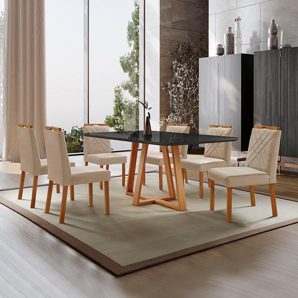 Conjunto Sala De Jantar Mesa Florença 180x90cm Preto Com 6 Cadeiras Dallas Veludo Bege - 2