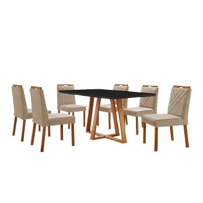 Conjunto Sala De Jantar Mesa Florença 160x90cm Preto Com 6 Cadeiras Dallas Veludo Bege