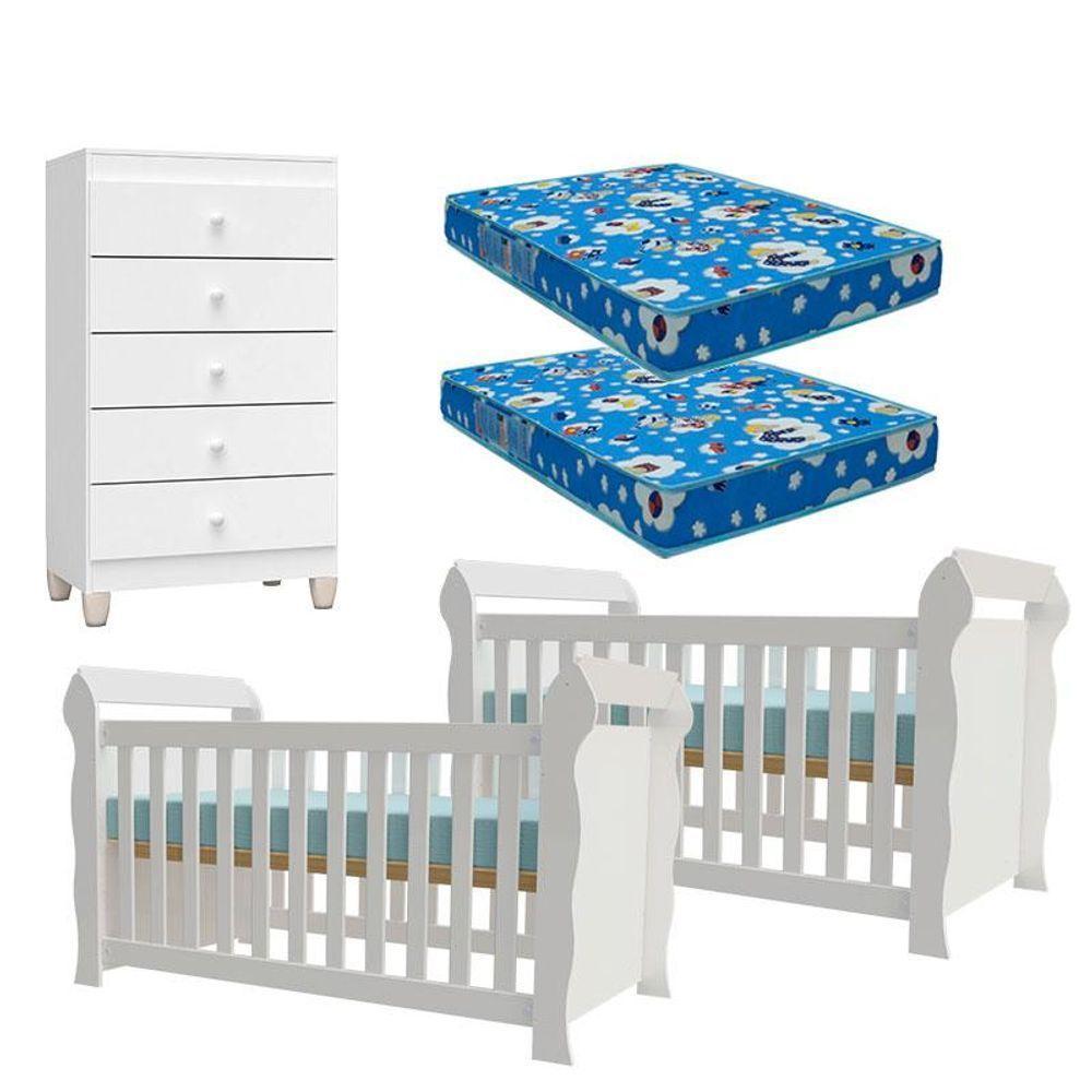 02 Berços Americano Lara Com 02 Colchões E Cômoda Gaveteiro Ternura Baby Branco Brilho - Incorplac - 1