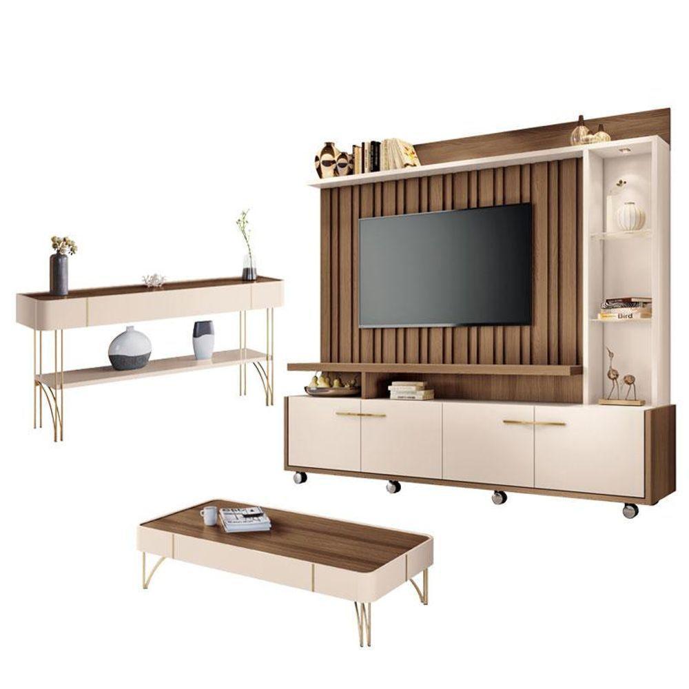 Estante Home Theater Titan E Aparador Vivant E Mesa De Centro Cadenza Castanho Off White - Hb Móveis - 1
