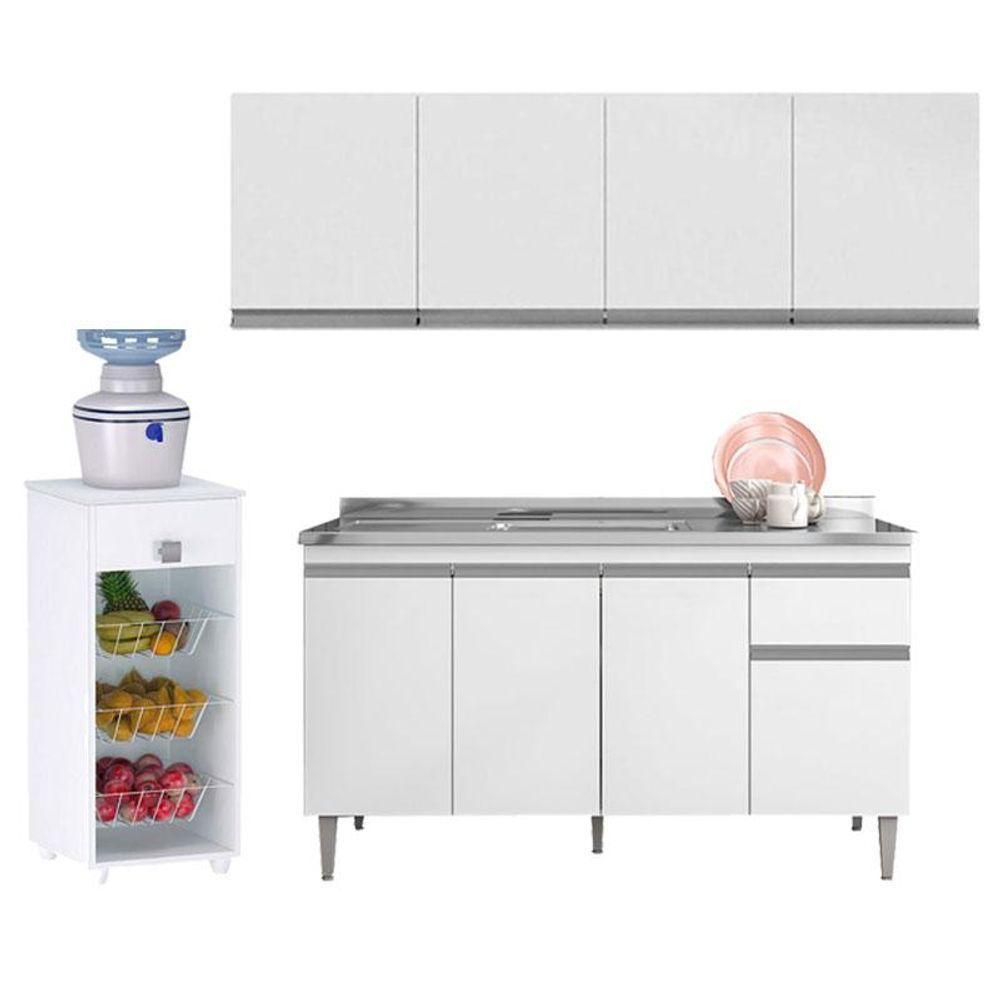 Balcão De Pia Tatiane 145 Cm E Armário Aéreo Andréia 4 Portas 160 Cm Com Fruteira Monalise Branco Brilho - Ajl - 7