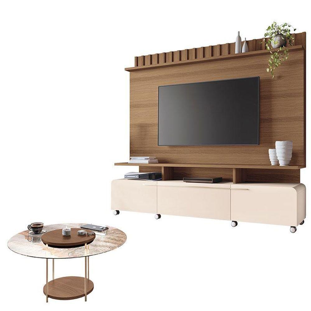 Estante Home Theater Artís Off White Castanho E Mesa De Centro Sky Com Tampo De Vidro Castanho - Hb Móveis - 1