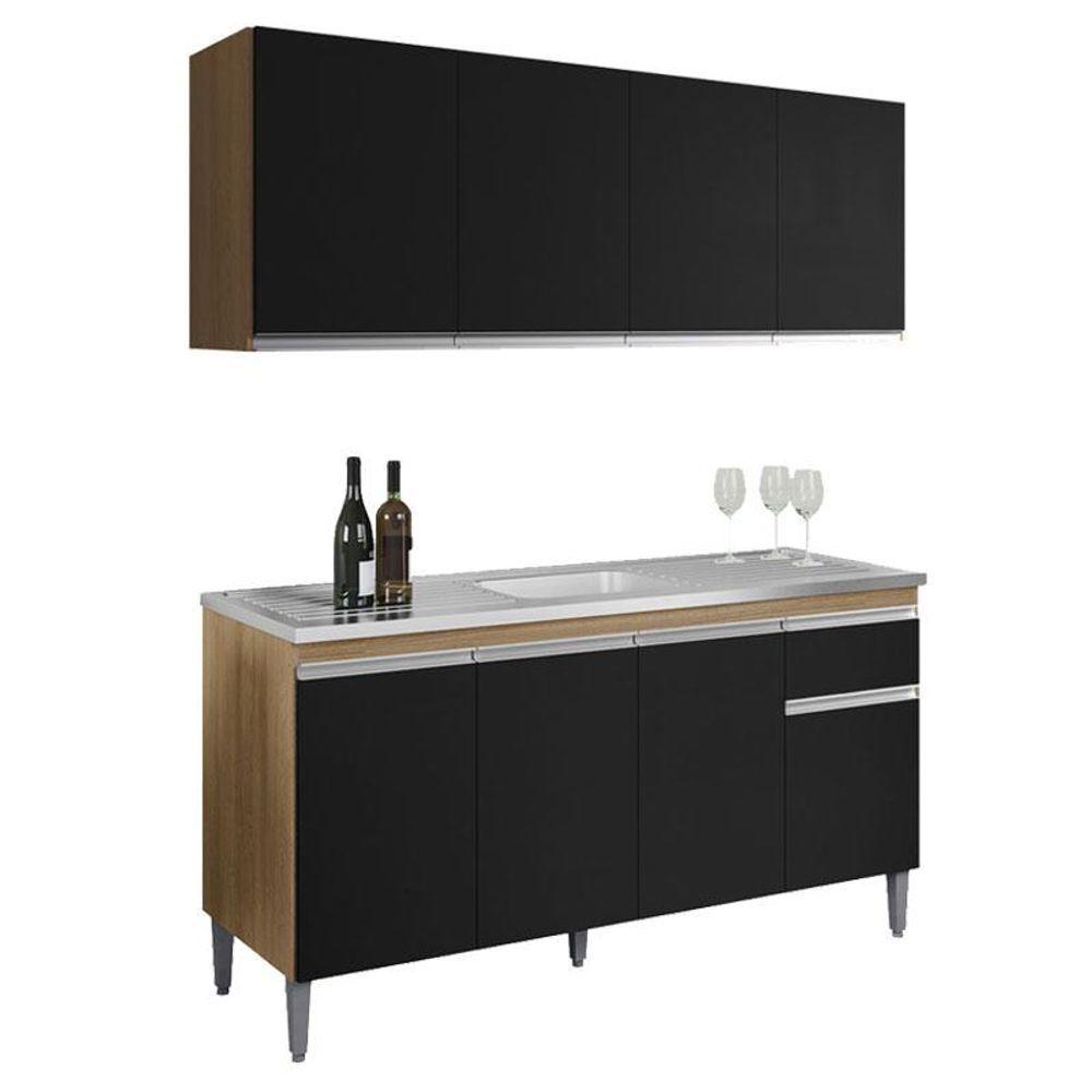 Balcão De Pia Tatiane 145 Cm E Armário Aéreo Andreia 4 Portas 150 Cm Amêndoa Preto - Ajl - 1