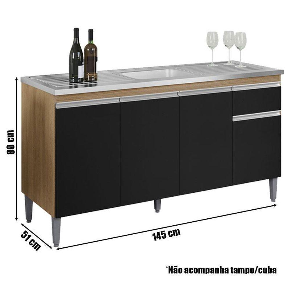 Balcão De Pia Tatiane 145 Cm E Armário Aéreo Andreia 4 Portas 150 Cm Amêndoa Preto - Ajl - 2