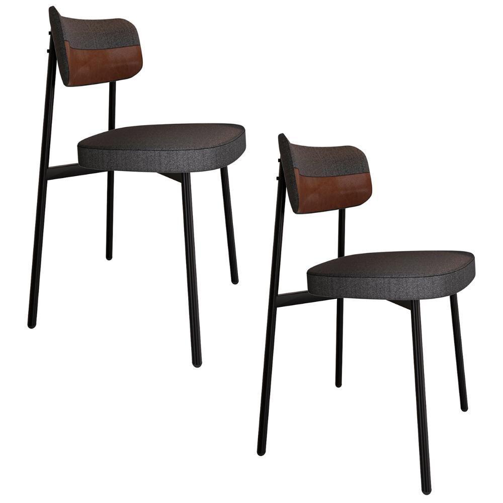 Cadeira De Jantar Estofada Kit 2 Ella M25 Linho Grafite/whisky - Mpozenato - 1