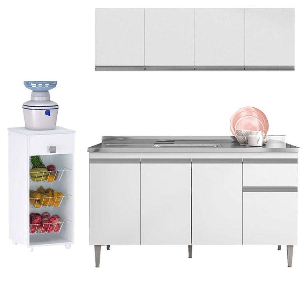 Balcão De Pia Tatiane 145 Cm E Armário Aéreo Andréia 4 Portas 150 Cm Com Fruteira Monalise Branco Brilho - Ajl - 1