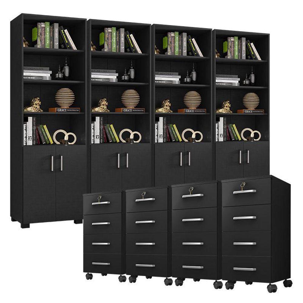 Kit 4 Gaveteiros Para Escritório Gávea Com Chave E 4 Livreiros Office Portas Pequenas Preto Fosco - Móveis Leão - 1