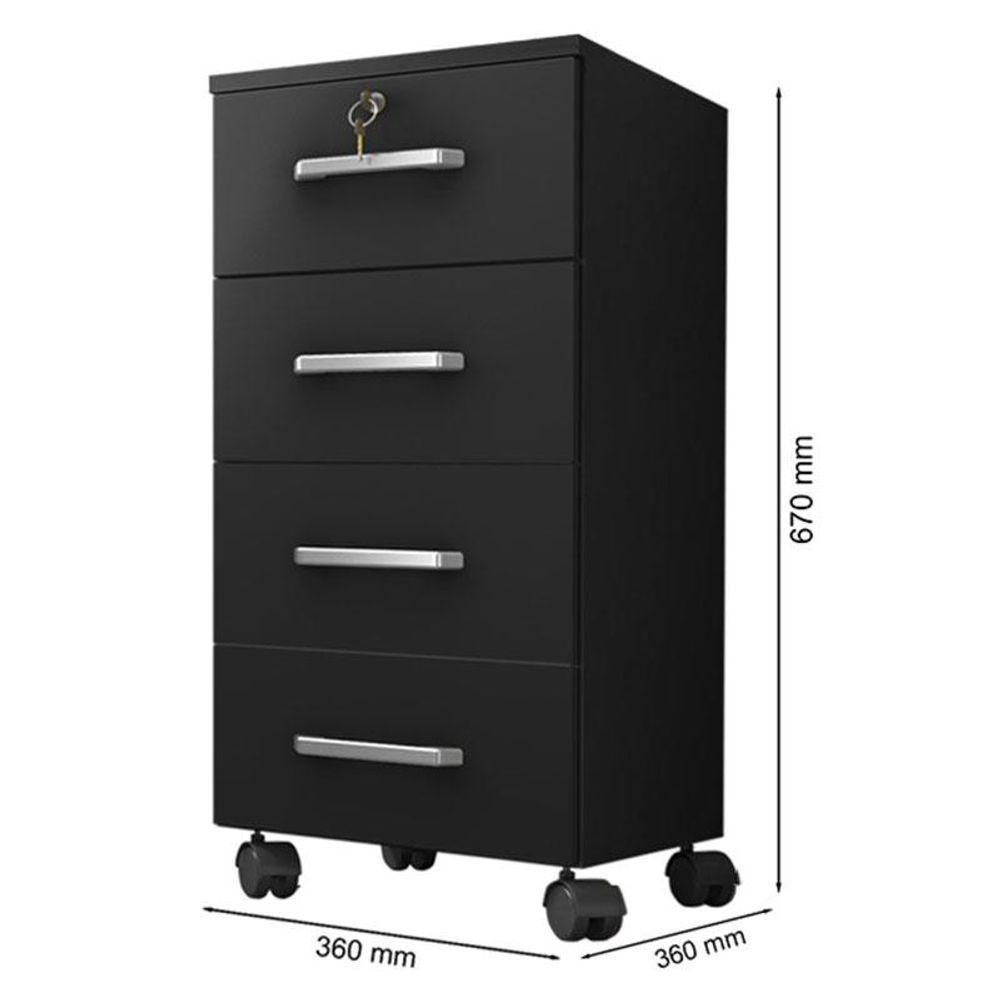 Kit 4 Gaveteiros Para Escritório Gávea Com Chave E 4 Livreiros Office Portas Pequenas Preto Fosco - Móveis Leão - 3