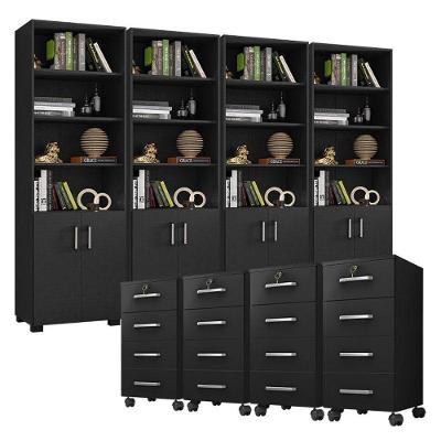 Kit 4 Gaveteiros Para Escritório Gávea Com Chave E 4 Livreiros Office Portas Pequenas Preto Fosco - Móveis Leão