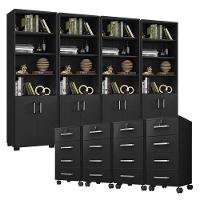 Kit 4 Gaveteiros Para Escritório Gávea Com Chave E 4 Livreiros Office Portas Pequenas Preto Fosco - Móveis Leão - 1